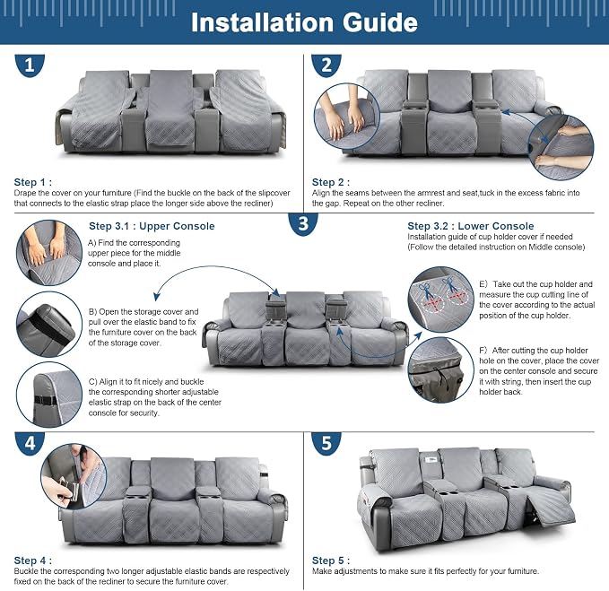 TAOCOCO 100% Waterproof Recliner Couch Covers with Console, Sofa Covers for Reclining Sofa 3 Seat with Straps Design, Split Recliner Sofa Cover Furniture Pets Kids Protector (3 Seater, Gray)