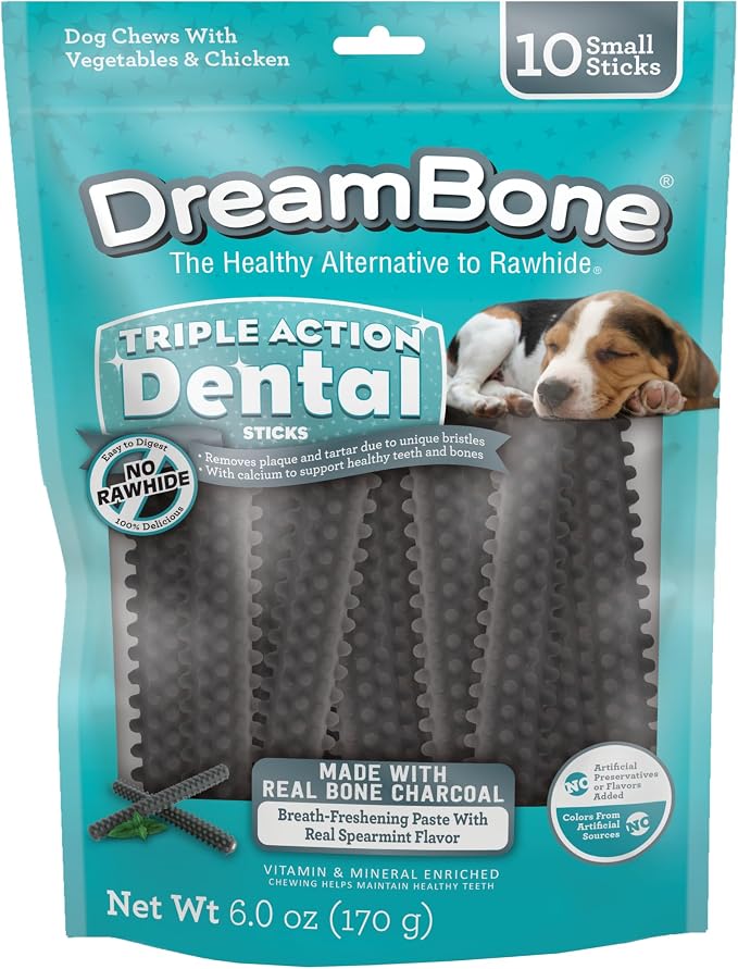 DreamBone Triple Action Dental Sticks Charcoal, 10 Count, Rawhide-Free Chews for Small and Medium Sized Dogs Freshens Breath