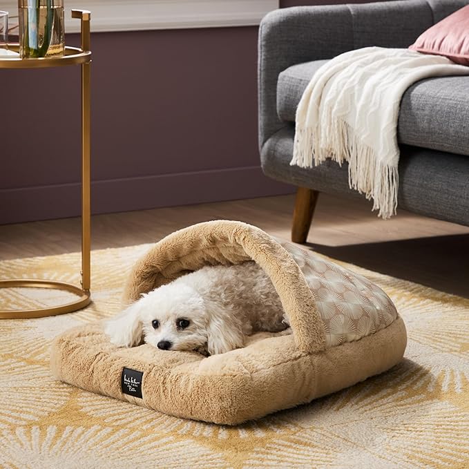 Nicole Miller NEW YORK PET Kendall Fluted Geo Cozy Slipper Cave Pet Bed, Cozy & Calming, Non-Slip Bottom, Machine Washable, Taupe, Small 22"x17"x11"