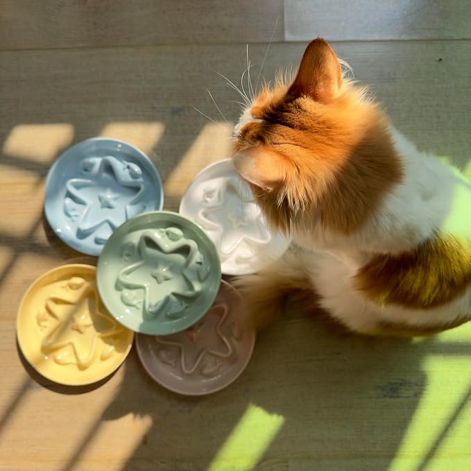 3 Pcs Cat Slow Feeder Bowl – Whisker Friendly Melamine Puzzle Feeding Cat Bowl for Slow Eating – Wet & Dry Food – Dishwasher Safe, Lightweight, Non-Slip (Blue + Buttercream + Green, 6.3'')