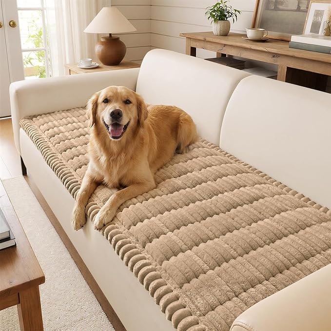 decorUhome Non-Slip Fuzzy Couch Cover for Dogs, Soft Thick Washable Pet-Friendly Protector, Sofa Slipcover for 2 Cushion Sofa/Loveseat, Khaki, 27.6" x 59"