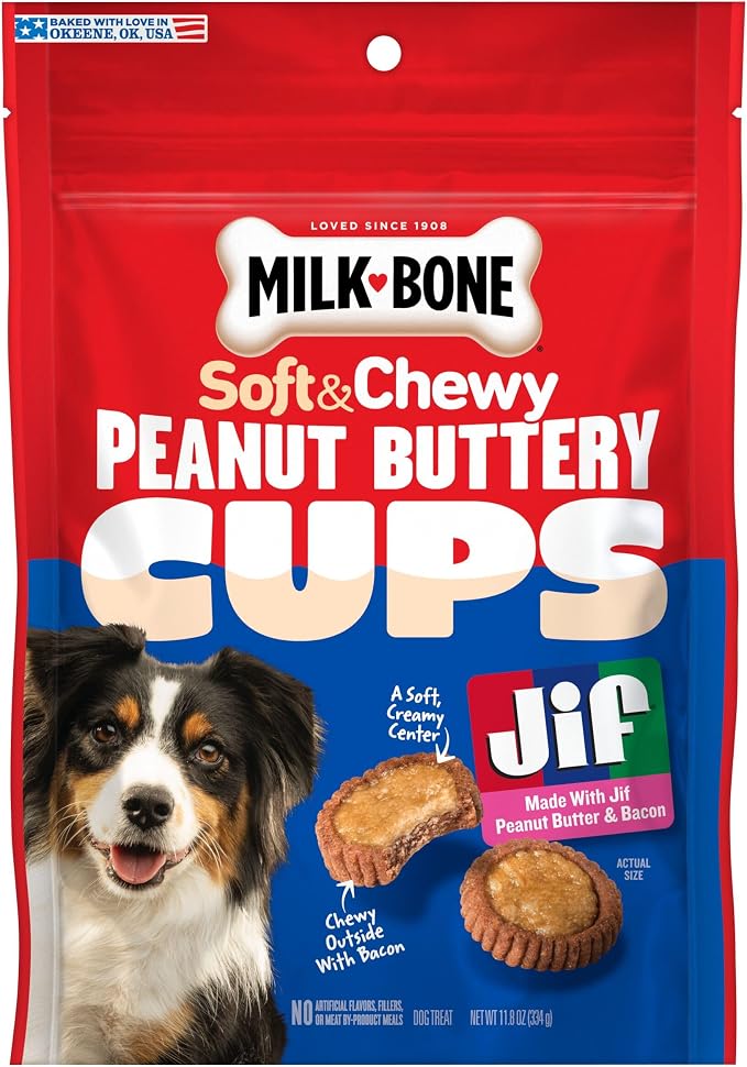 Milk-Bone Peanut Buttery Cups, Filled Soft Dog Treats with Jif Peanut Butter & Real Bacon, 11.8 Oz. Bag