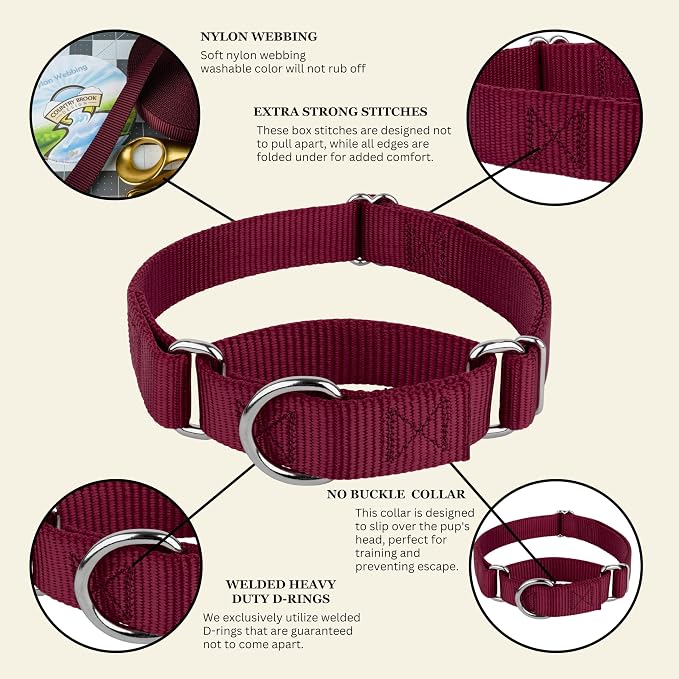 Country Brook Petz - Martingale Dog Collar - Heavy-Duty Training Collar with No Buckle - Service Dog Collar for All Pups - 20 Vibrant Colors (Burgundy, 1 Inch, Extra Large)