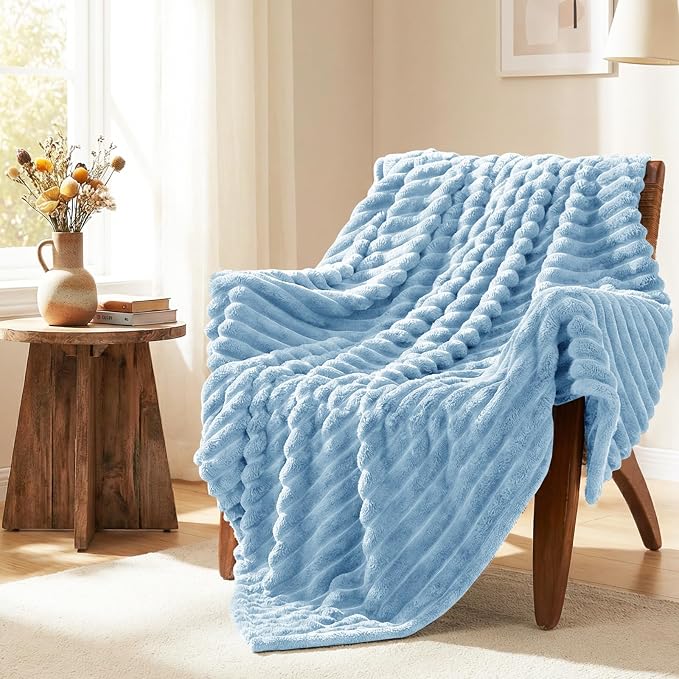 HIMEET Fleece Light Blue Throw Blanket for Bed - 300GSM Ribbed Soft Cozy Blanket for Couch, Graduation Birthday Gifts for Women Men Dad, College Dorm Essentials Minimalist Room Throws, 50x60 Inches