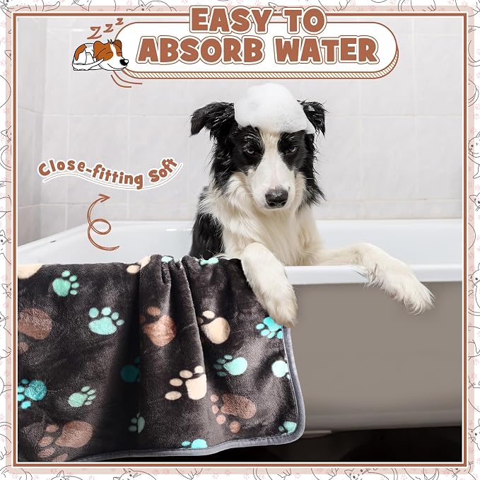 Tegeme 12 Pcs Pet Blankets 30 x 20 Inch Soft Fluffy Fleece Dog Cat Warm Paw Print Pattern Blankets Flannel Throw for Pets Dog Puppy Cat(Dark Gray, White, Camel)