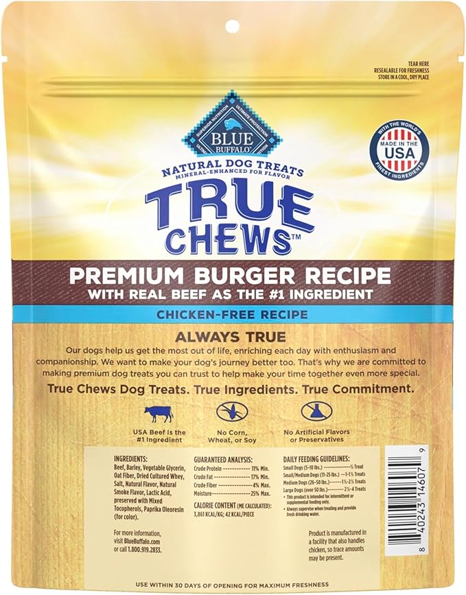 Blue Buffalo True Chews Premium Burger Recipe, Chicken-Free Natural Dog Treats, Mineral-Enhanced for Flavor, 10 oz. Bag