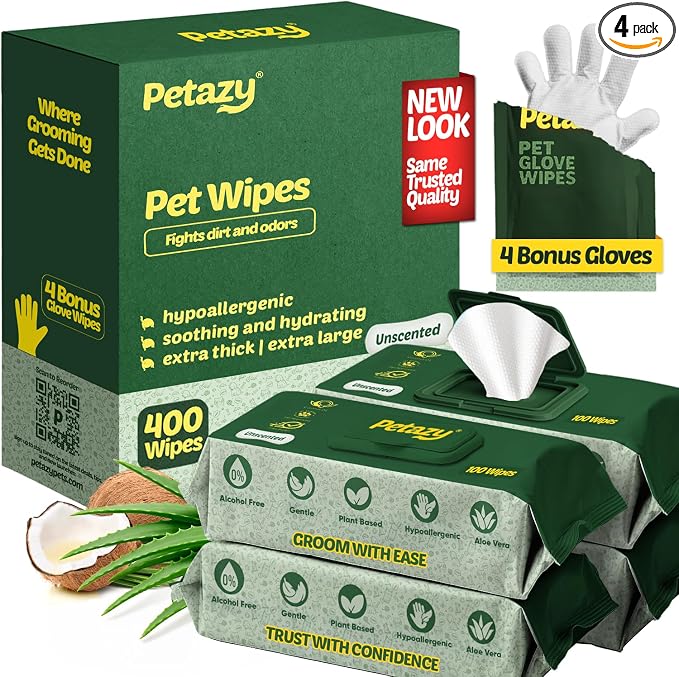 Petazy Pet Wipes for Dogs and Cats – 400 Count (8x8in) Hypoallergenic, Deodorizing Dog Wipes for Paws, Ears and Butt | XL with Aloe & Coconut Oil, Unscented | Includes 4 Grooming Glove Wipes