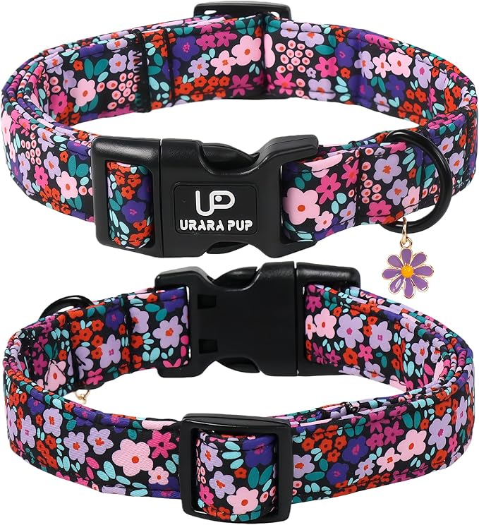 Floral Dog Collar, UP URARA PUP Colorful Floral Adjustable Pet Collar with Flower Charm, Daily Dog Accessories for Small Medium Large Dogs
