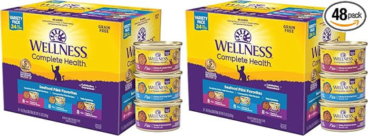 Wellness Complete Health Pate Adult Wet Cat Food,Natural,Protein-Rich,Grain-Free,3 Ounce,(Seafood Favorites Variety Pack),(Pack of 48)