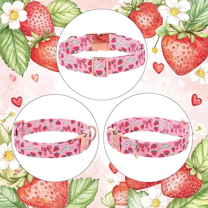 Strawberry Bow Dog Collar, Spring/Summer Pink Girl Dog Collars, Adjustable Heavy Duty Girly Female Dogs Collars for Small Medium Large Dogs with Metal Buckle XS