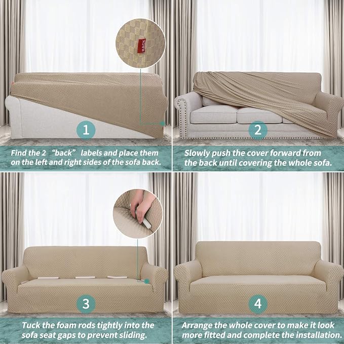 YEMYHOM Couch Cover Latest Jacquard Design High Stretch Sofa Covers for 2 Cushion Couch, Pet Dog Cat Proof Loveseat Slipcover Non Slip Magic Elastic Furniture Protector (Medium, Khaki)