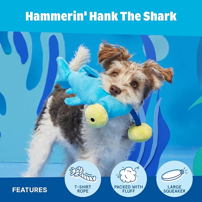 Barkbox Hammerin' Hank the Shark Dog Toy | Plush Hammerhead with 4 Squeakers & T-Shirt Rope | Tug & Thrash Toy for Small to Medium Dogs