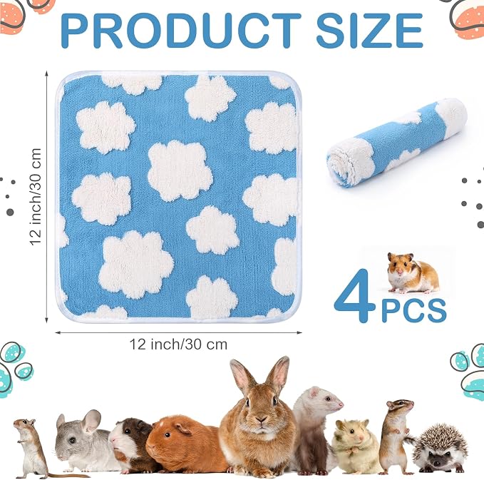 Reginary 4 Pcs Waterproof Guinea Pig Blankets Washable Small Animal Fleece Bedding Guinea Pig Cage Liners Reusable Training Pads Pet Pee Pad Sleep Mat for Hamster (White Clouds,12 x 12 Inch)