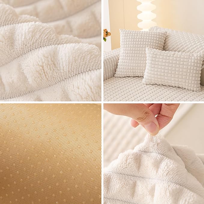 Velvet Couch Cover Sectional, Funny Fuzzy Pet Couch Covers for Armrest, Plush Warm Sofa Covers for Pets Washable, Non-slip Couchs Cover for Pets & Kids(1PC, Beige White, 27.6"×27.6", Single Seater)
