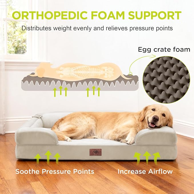 Orthopedic Dog Bed for Extra Large Dogs, XXL Waterproof Egg Crate Memory Foam Pet Bed Bolsters with Removable Washable Cover & Non-Slip Bottom, Tennis Ball Toy, 45x35