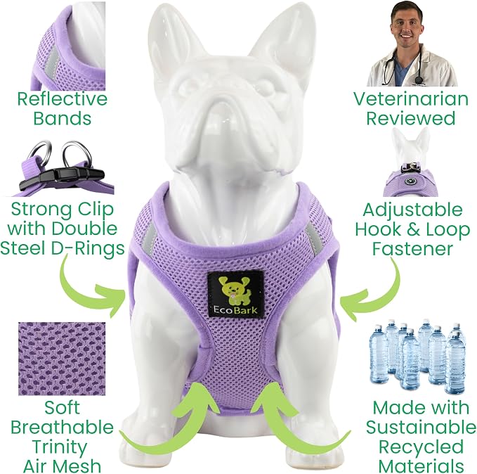 EcoBark Step in Dog Harness - Dog Harnesses for Small and Medium Breed Dogs - Reflective and Adjustable Body Halter Vest - Soft Mesh Toy Breed Harness (Lavender, Medium)
