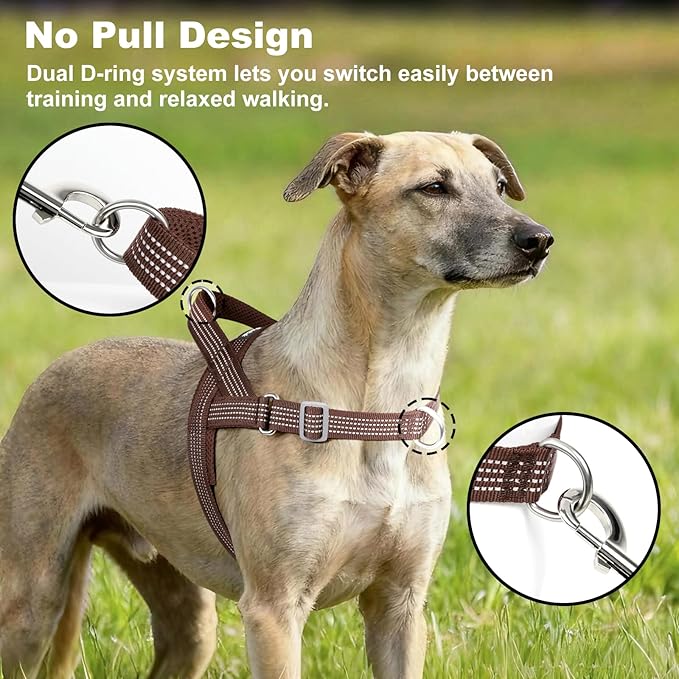 No Pull Dog Harness with Handle, Adjustable Mesh Padded Reflective Walking Harness with Front Clip for Small Medium Large Dogs – Quick Fit No Escape for Training and Hiking (Chocolate, L)