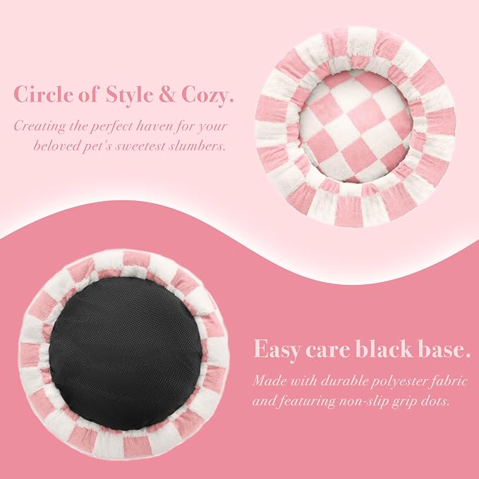 Ohocut Checkered Dog Bed, Cute Girly Pink Retro Style Aesthetic Round Warming Pet Calming Beds for Small Dog and Cats, Plush Cozy Donut Dog Beds Washable, 30" L x 30" W x 8" Th