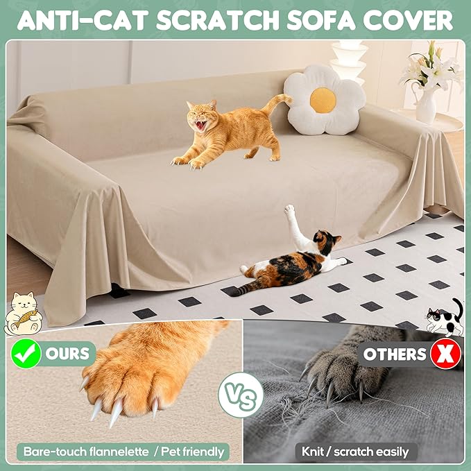 Loiion Cat Scratch Furniture Protector - Ultra Soft, Waterproof Sofa Cover to Keep Cats Off, Pet-Friendly Couch Protectors for Love Seat, Anti-Slip Couch Cover for Pets and Kids 150"X71" Almond