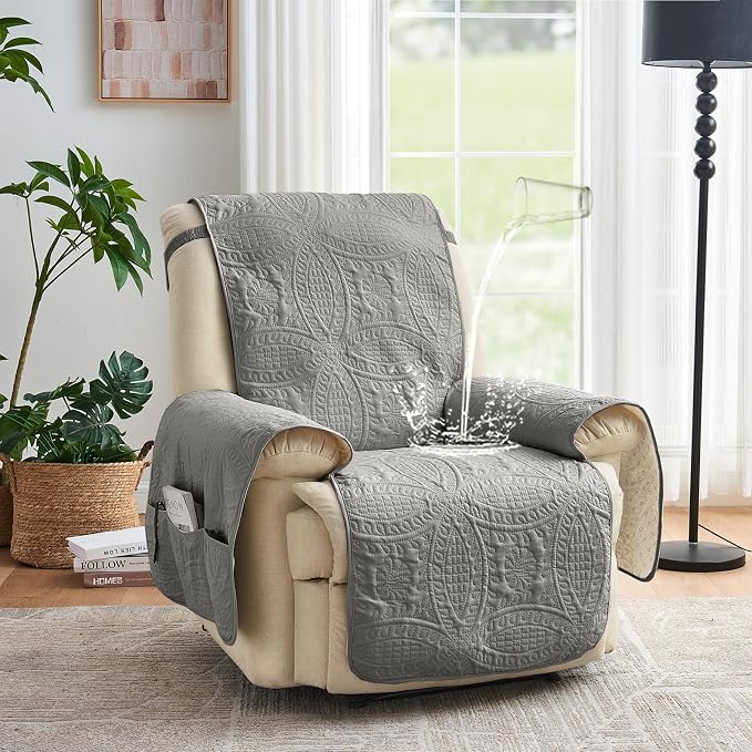 Gray Quilted Recliner Chair Covers, Waterproof Recliner Slipcovers, Lazy Boy Chair Covers, Pet Friendly Recliner Cover for Dogs Cats, Washable Furniture Protector (Recliner 22", Cool Gray)