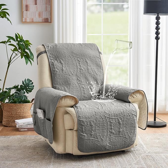 Gray Recliner Chair Covers, Quilted Décor Water-Repellent Medium Lazy Boy Chair Covers, Pet Friendly Recliner Cover for Dogs Cats, Washable Couch Cover (Recliner 26", Cool Gray)