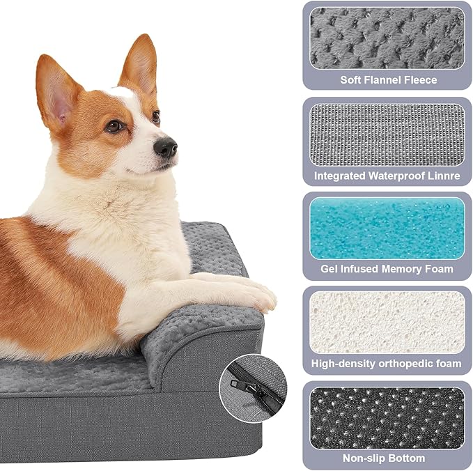 Rainmr Orthopedic Dog Beds for Large Dogs, Memory Foam Dog Beds Large Sized Dogs, Washable Removable Cover, Nonskid Bottom, Waterproof, for Indoor, Outdoor, Crate ＆ Car Use, 41x27x6 Inches, Dark Grey