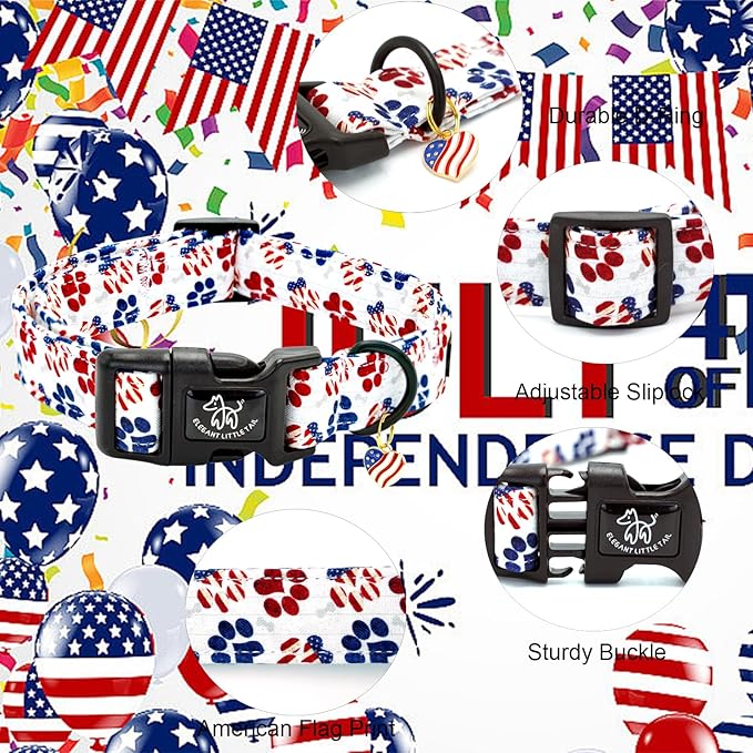 Elegant little tail Independence Dog Collar, 4th of July Holiday Pet Collars Cotton Patriotic Puppy Girl or Boy Soft Pet Gift Adjustable Dog Collar for Small Medium Large Dogs