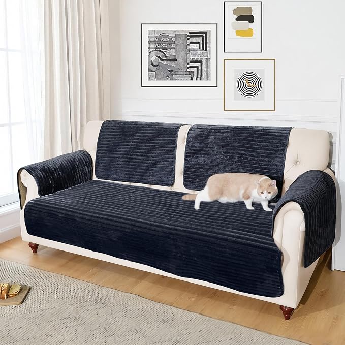 NAISI Couch Covers for Dogs Waterproof Flannel Striped Sofa Cover Pet Friendly Washable Dog Mat for Couch Anti Slip Sectional Sofa Slipcover Protector(1pc/35"x 70",Dark Navy)