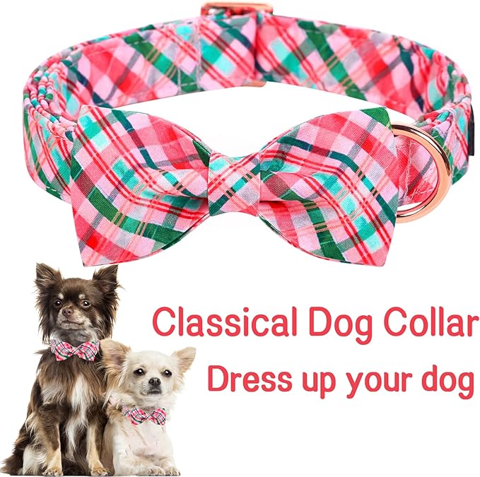 Unique style paws Dog Collar with Bow Pink & Green Plaid Dog Collar Best Gifts for Small Medium Large Dogs -S