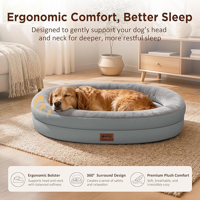 Orthopedic Dog Bed for Extra Large Dogs, XL Waterproof Dog Bed with Bolsters, Supportive Egg Crate Foam Pet Couch Bed with Removable Washable Cover & Non-Slip Bottom, Silver