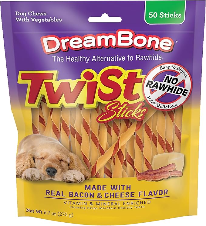 DreamBone Bacon and Cheese Twist Stick Dog Treats, Daily Rawhide-Free Chew, Digests Safely and Completely, With Real Protein, Bacon, Cheese and Veggies, 50 count