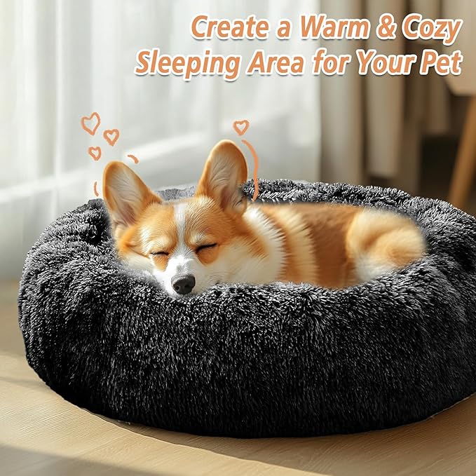JOLLYVOGUE Calming Dog Beds Large Sized Dog, 36in Donut Washable Large Pet Bed, Anti-Slip & Anti-Anxiety Fluffy Faux Fur Round Dogs Bed, Fits up to 80 lbs Pets (Black)