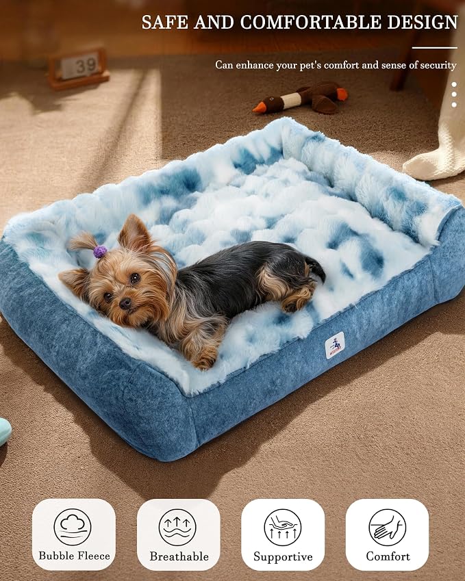Orthopedic Dog Bed Medium Size Dog, Extra Thick Supportive Dog Couch Bed, Dog Beds with Removable Washable Cover, Ultra Soft Faux Fur Puppy Bed & Non-Slip Bottom (Tie-Dyed Blue, 35"x25")