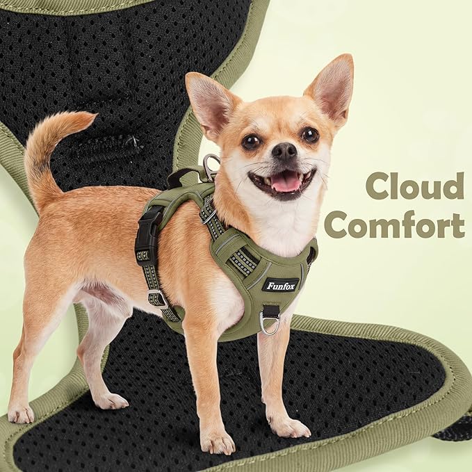 Funfox Dog Harness No Pull, Adjustable Pet Vest Harness, Super Soft Material with Vertical Handle Easy Control, Reflective Night Walking, 2 Leash Clips for XLarge Dogs, Army Green, XL