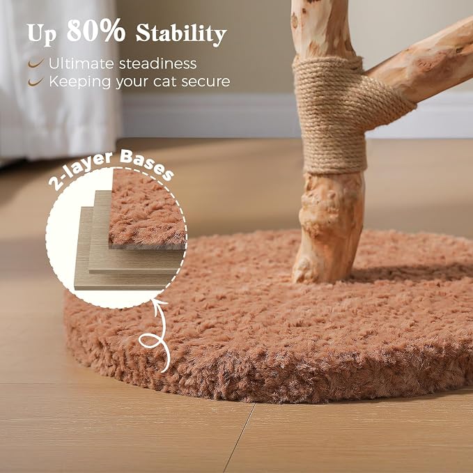 MUTTROS Modern Cat Tree Tower with Real Wood Branches and Wicker Basket Bed, Solid Wood Cat Climbing Furniture with Scratching Posts and 3 Hanging Balls for Indoor Cats, Brown