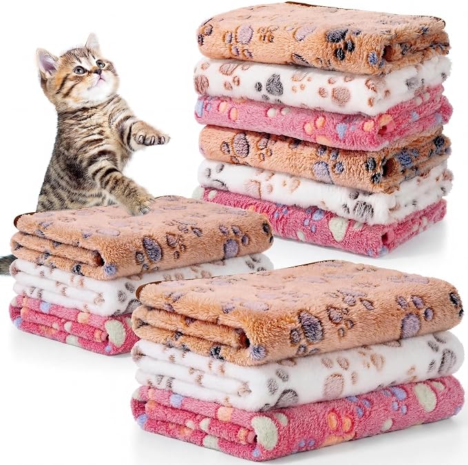 Tegeme 12 Pcs Pet Blankets 30 x 20 Inch Soft Fluffy Fleece Dog Cat Warm Paw Print Pattern Blankets Flannel Throw for Pets Dog Puppy Cat(Pink,Beige,Camel)