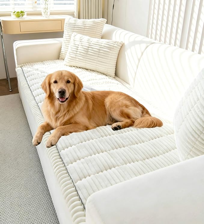 OTOB Couch Cover for Dogs Washable, Non Slip Plush Sofa Covers for 3 Cushion Couch, Fuzzy Pet Friendly Mat Bed Furniture Protector Sofa Slipcover, All Seasons (Cream, 27.6" x 70.9")
