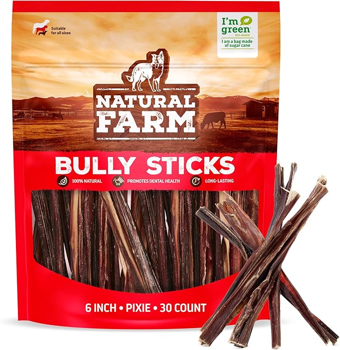 Natural Farm Pixie Bully Sticks (6 Inch, 30 Pack), Thin Pizzle Beef Treats, Grain-Free, High Protein, Best Rawhide Alternative for Small, Puppies or Senior Dogs