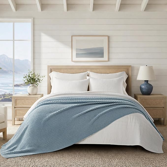 EVERGRACEHOME Chunky Polyester Knit Throw Blanket for Couch, Soft Luxurious Oversized King Moss Stitch Blanket for Bed, Large Cozy Farmhouse Knitted Throw for Sofa, Chambray Blue, 108" x 92"