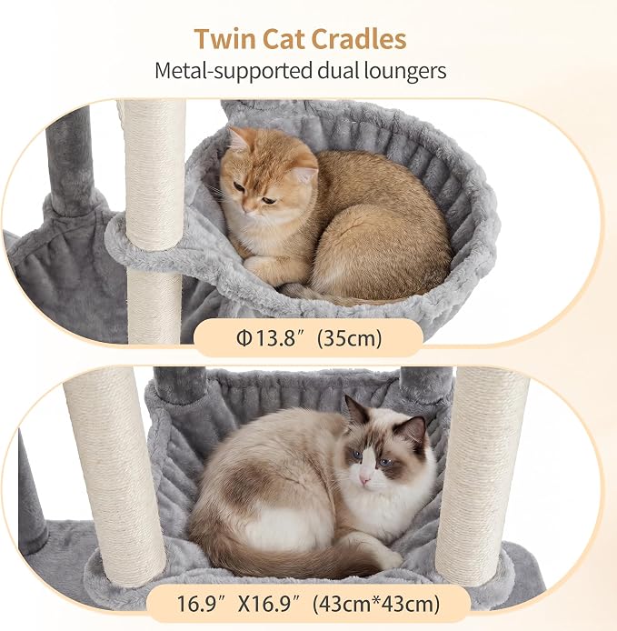 Heybly Cat Tree, 69.7 inches Secure Anti-Tip Cat Tower for Large Cats, Expansive Cat Furniture with Dual-Tier Cat Condo Villa, 2 Top Perches, Hammock & Full Sisal Scratching Posts, Light Gray HCT065W