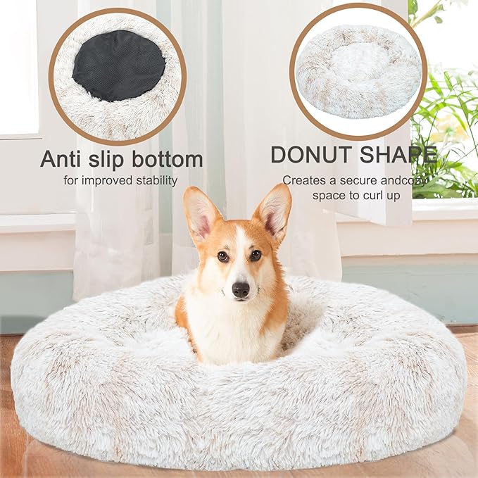 JOYELF Donut Dog Bed Cat Bed for Large Dogs, Calming Pet Bed Ultra Soft Faux Fur Cuddler Round Self Warming Sleeping Bed for Dogs and Cats