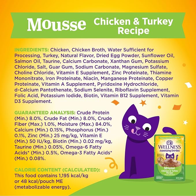 Wellness Appetizing Entrées Mousse Adult Wet Cat Food, Natural, Protein Rich, Grain Free, Chicken and Turkey Recipe, 1.4 oz, Pack of 8 Pouches