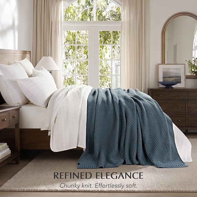 EVERGRACEHOME Chunky Chenille Knit Throw Blanket for Couch, Soft Luxurious Oversized Queen Moss Stitch Blanket for Bed, Cozy Farmhouse Knitted Throw for Sofa, Stormy Blue, 90" x 90"
