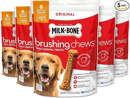Milk-Bone Brushing Chews Original Chicken Flavor Daily Dental Dog Treats, Large, 8.1 Oz. Bag (Pack of 5)