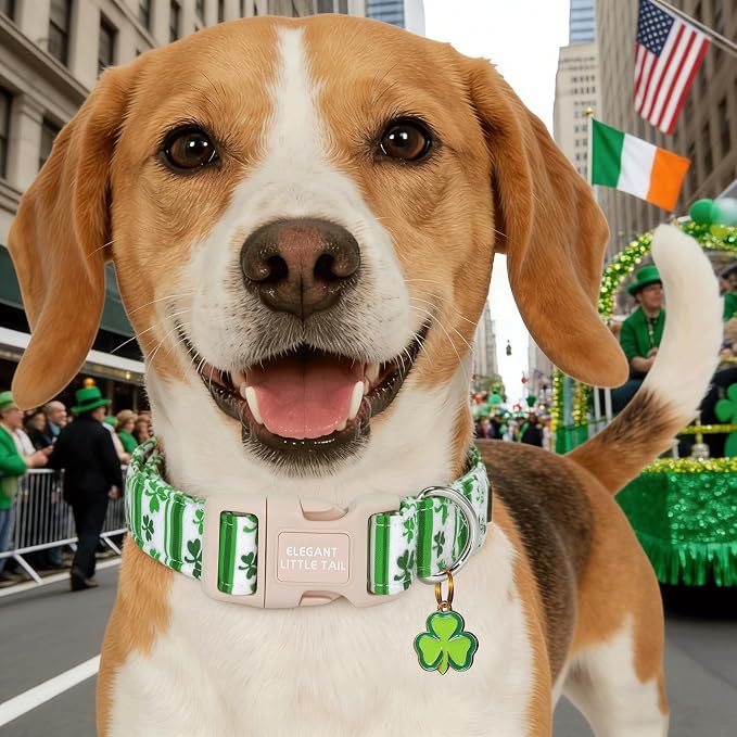 Elegant little tail St Patrick's Dog Collar - Green Cute Clover Cotton Shamrock Pet Collar Trefoil Adjustable Cotton Pet Collar with Quick Release Buckle for Large Dogs