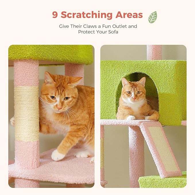 MUTTROS Flower Cat Tree Tall 70.8" for Adult Indoor Cats, 8-Levels Large Cat Tower with 8 Sisal Posts, 2 Hammocks, 2 Condos, Big Perch & 3 Pom Poms for Multi-Cats Household – Carpet Pink
