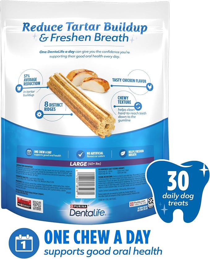 DentaLife Daily Oral Care Dog Treats for Large Dogs, Chewy Dental Treat to Freshen Breath and Fight Tartar, Chicken Flavor - 30 ct. Pouch