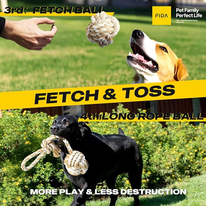 Fida Heavy Duty Dog Rope Toys for Aggressive Chewers 4pcs Pack – Natural Cotton Dog Chew Toys for Large Dogs, Tug-of-War & Fetch Rope Ball/Ring/Knot/Twist to Keep Them Busy