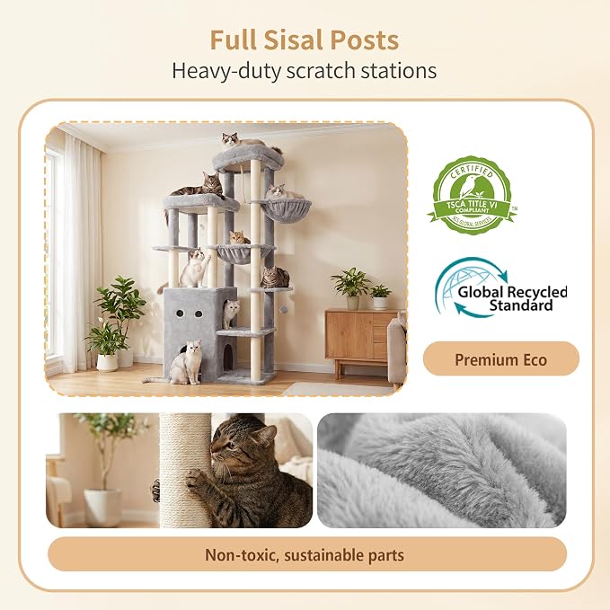Heybly Cat Tree, 69.7 inches Secure Anti-Tip Cat Tower for Large Cats, Expansive Cat Furniture with Dual-Tier Cat Condo Villa, 2 Top Perches, Hammock & Full Sisal Scratching Posts, Light Gray HCT065W