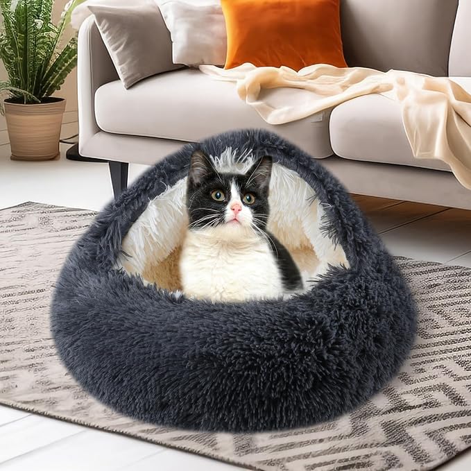 FORMYCATIE Cat Beds for Indoor Cats,Cat Cave for Puppy and Kitty,Calming Small Dog Bed for Small Dogs with Cover Cave,Cozy Warming Fluffy Washable Anti-Slip Pet Sleeping Bag(20 * 20inch,Dark Gray)